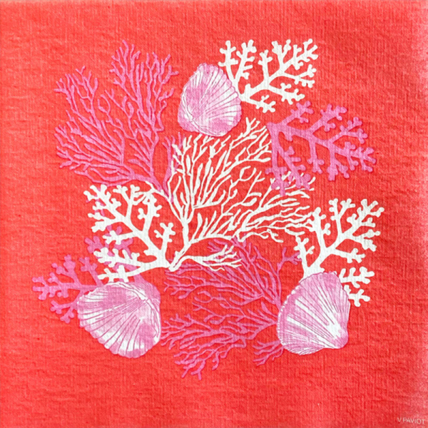Paviot, Serviette, bedruckt mit Koralle und Muscheln in rot-pink